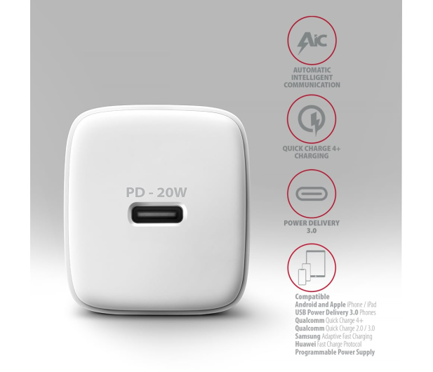 AXAGON ACU-PD20W PD 20W, 1x port USB-C, PD3.0/QC3.0/AFC/FCP/Apple Biała - 1485042 - zdjęcie 6